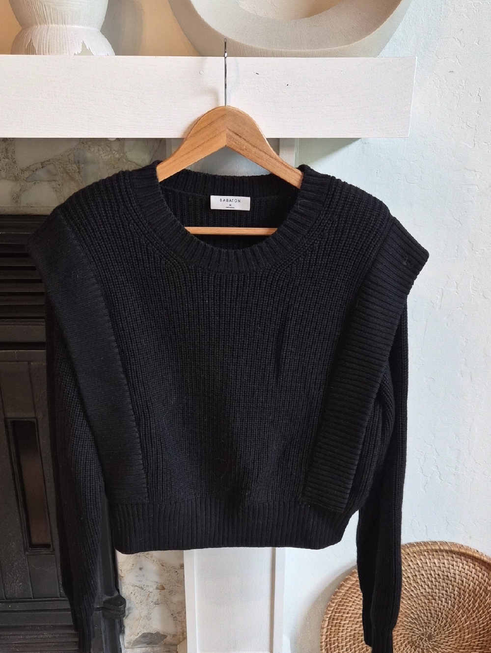 Babaton Black Ribbed Crew Sweater, M